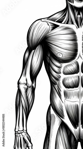 Detailed anatomical illustration of human muscular and skeletal system in black and white
