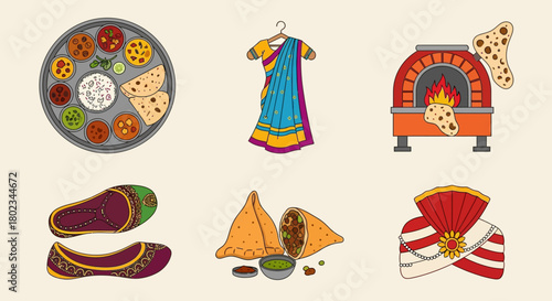 Traditional indian cuisine and culture: thali, sari, tandoor, jutti, samosa, turban