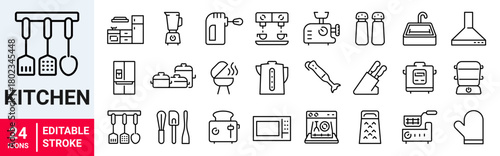 Kitchen web line icon set. Food, fork, glass, dish, blender, spices, spoon, knife and utensils. Vector illustration
