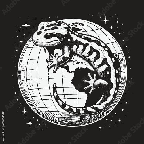 Vintage style illustration of a salamander in the cosmos.