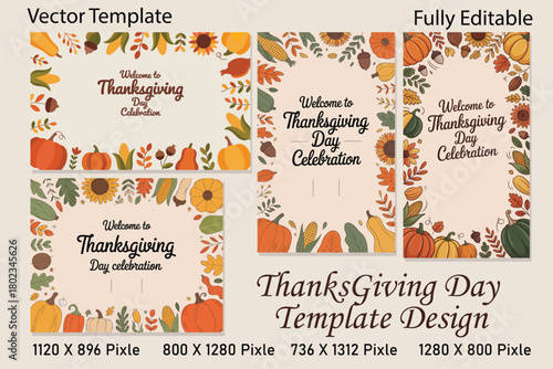 Thanksgiving day vector template design with autumn leaves pumpkins and sunflowers