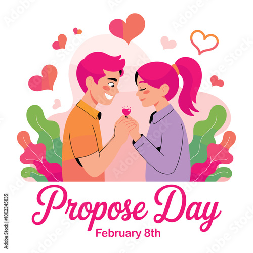 Couple holding heart on propose day with hearts and leaves love february 8th