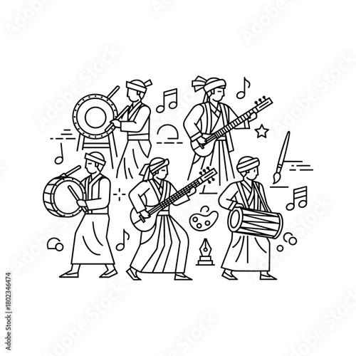 Traditional music and cultural art forms line art illustration