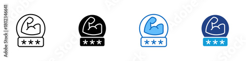 Strong Password Multiple Style Icon Design Vector - rounded badge featuring a flexed arm above a row of asterisks, representing strength, protection, and the use of secure and complex passwords