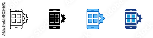 App Development Multiple Style Icon Design Vector - smartphone with four square app tiles and a large gear on the side, suggesting configuration, customization, and mobile application creation