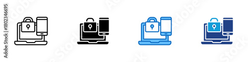 Two Factor Auth Multiple Style Icon Design Vector - laptop with a padlock icon and a smartphone, illustrating multi step verification using two factor authentication for enhanced login security