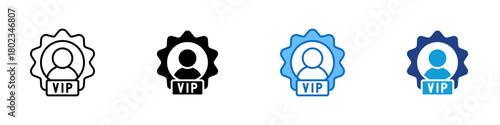 Loyalty Program Multiple Style Icon Design Vector - badge containing a person icon with a VIP label, conveying customer rewards, exclusive membership status, and loyalty benefits