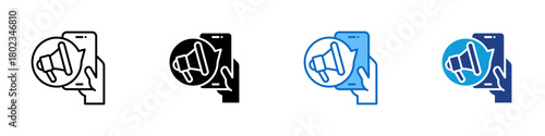 Influencer Campaign Multiple Style Icon Design Vector - smartphone with a circular overlay showing a megaphone held by a hand, emphasizing influencer promotion, social outreach, and online sales