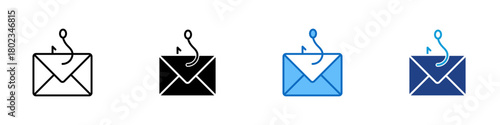 Phishing Multiple Style Icon Design Vector - envelope with a curved hook emerging from the top, representing deceptive email tactics aimed at tricking users into revealing sensitive information