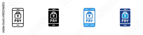 Secure Payment Multiple Style Icon Design Vector - smartphone displaying a padlock above the word pay, conveying protected transactions, online payment safety, and secure digital checkout
