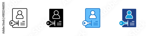 Secure Data Multiple Style Icon Design Vector - document with a user profile icon and a key beside it, representing protected personal information and controlled access to stored data