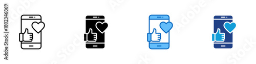 Social Media Engagement Multiple Style Icon Design Vector - smartphone showing a thumbs up and heart shape, indicating positive interaction, audience support, and engagement on social platforms