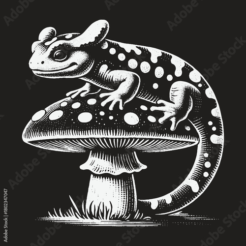 Spotted Salamander Perched on a Toadstool Mushroom Illustration.