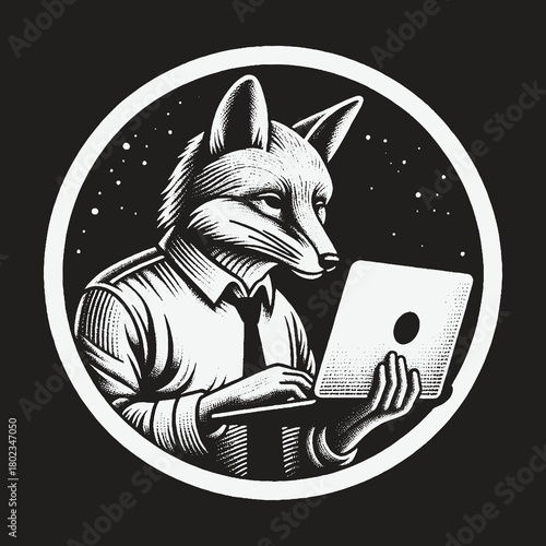 An anthropomorphic fox in a suit and tie working on a laptop computer.