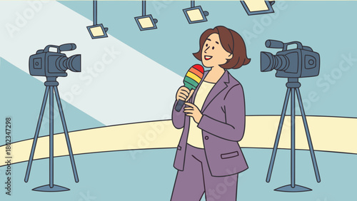 Woman reporter in studio with microphone and cameras under studio lights for a news broadcast scene