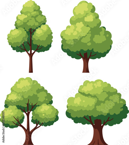 Collection of four stylized green deciduous trees with brown trunks and branches on a white background