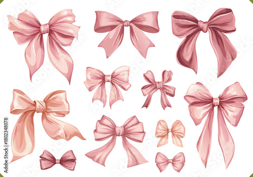 Set of vector pink bows for festive decor, elements for decorating gifts. Cliparts for creating a romantic atmosphere, isolated on a white background