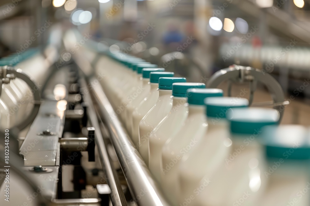 Fototapeta premium Plastic milk bottles going through production line in a dairy factory