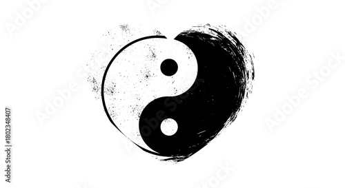 Grunge yin yang heart: symbol of balance and unity in monochrome style