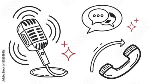 Retro microphone with sound waves, speech bubble, sparkles, and phone receiver doodle art design