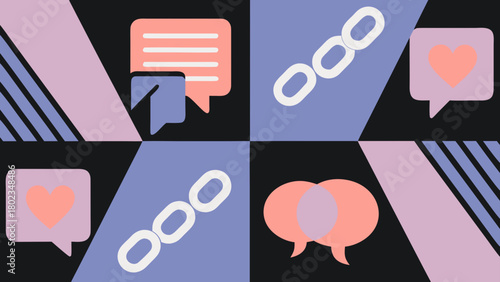 Four quadrants showing speech bubbles, chains, and hearts in a geometric arrangement of shapes