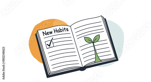 New habits journal with leaf sprout and checkmark on open pages