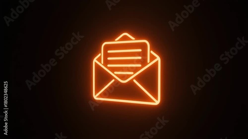 Animate an orange neon open envelope with a letter inside on a dark background