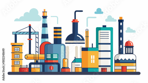 Illustration of a colorful industrial complex with various buildings and structures under a cloudy sky