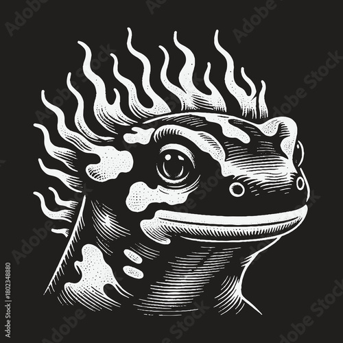 Stylized Fiery Gill Salamander Head Black and White Illustration.