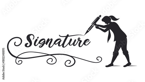Silhouette of a woman signing the word signature with a large pen in black and white vector illustration