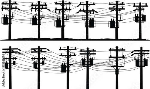 Silhouette of electric utility poles with transformers and wires, black and white vector illustration of power transmission lines, energy grid