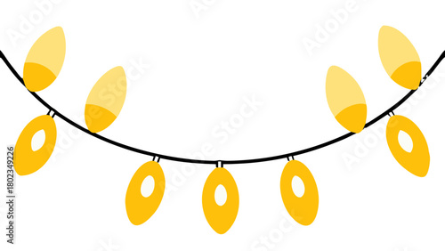 Illustration of a string of yellow lights hanging on a black wire against white background scene image