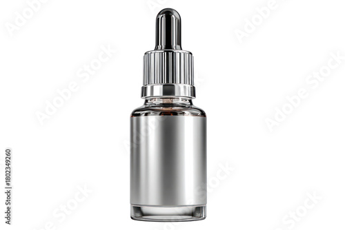 Serum Bottle Elegance: A close-up studio shot of a sleek, silver serum bottle with a dropper. The bottle exudes sophistication and minimalistic beauty.
