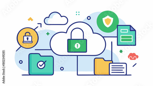 Illustration of cloud computing security with lock icons and file storage connections shown here