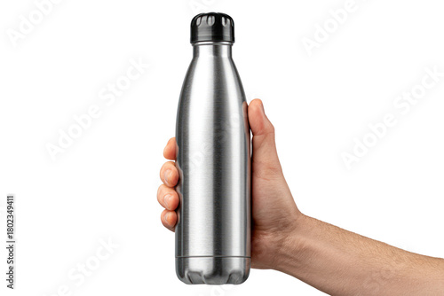 Stainless Steel water bottle: A hand gracefully holds a sleek, stainless steel water bottle, highlighting its modern design and emphasis on hydration and health.
