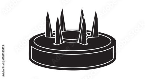 Simple black and white illustration of a circular object with spikes protruding upwards from its surface, resembling a brush or a security device