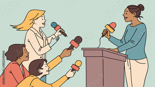 Woman at podium giving a speech while reporters hold microphones to record her presentation event now
