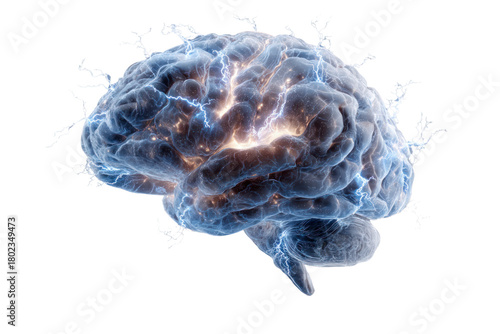 Illuminating Brain: A detailed and stylized illustration of a human brain with sparking energy, symbolizing thoughts and ideas. 