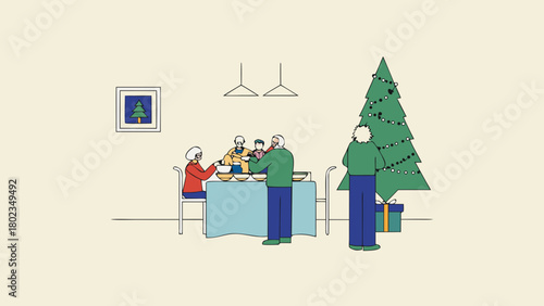 A family gathering around a table for christmas dinner with a christmas tree in the background indoor