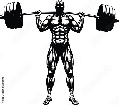 Black and white illustration of a muscular man holding a barbell overhead weightlifting