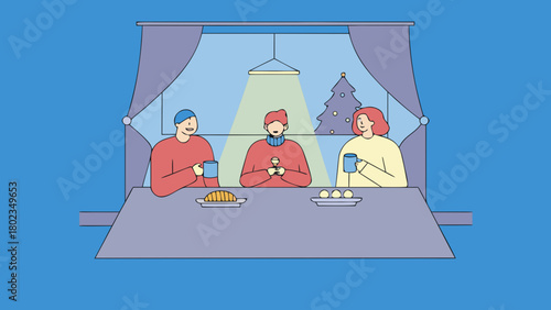 Three people sitting at a table with christmas tree in background drinking and eating together indoors