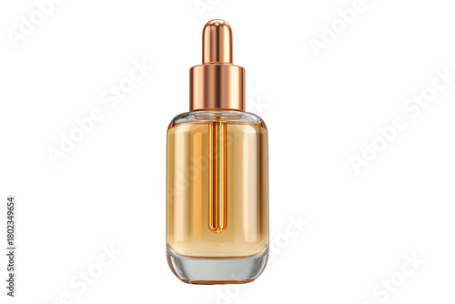 Golden Essence: Capturing the opulence of skincare, this sleek glass bottle, topped with a delicate dropper, contains a radiant, amber-toned liquid. A symbol of beauty and luxury.
