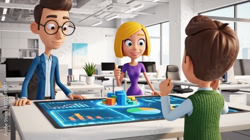 Three animated characters engaged in a collaborative business meeting, analyzing data on a touchscreen in a modern office