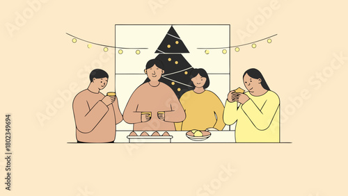 People gathering near a christmas tree with drinks and snacks in a cozy and warm indoor environment