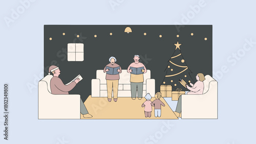 Family gathering around christmas tree singing carols in a cozy living room setting indoors scene