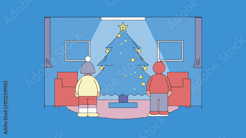 Two people admiring a christmas tree in a living room with a star on top and ornaments hanging on it