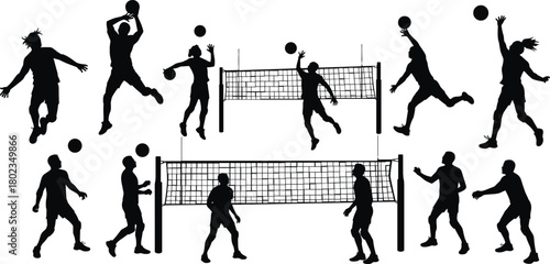Black silhouettes of male and female volleyball players in action with nets and balls