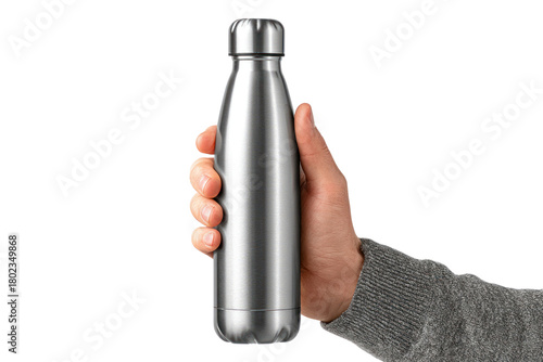 Hydration Companion: A person's hand firmly grips a sleek, insulated stainless steel water bottle, highlighting the commitment to well-being and sustainability.