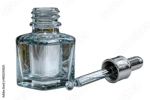 Serene Serum Bottle: A transparent glass bottle of liquid serum with an attached dropper, perfectly capturing the essence of skincare