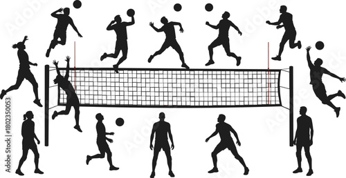 Black silhouettes of volleyball players in action around a net on a white background